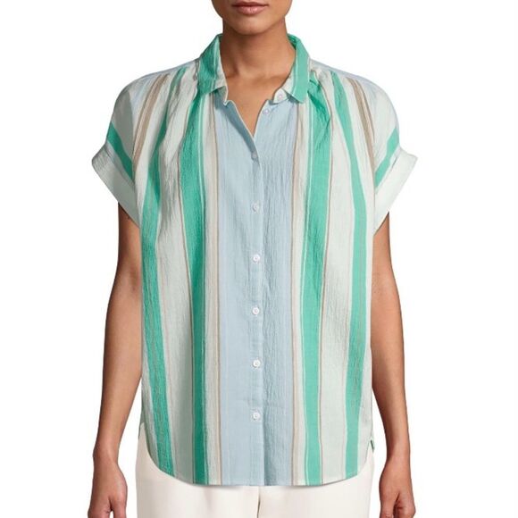 NWT 100% Cotton Striped Short Sleeve Button Down Top - Picture 1 of 10